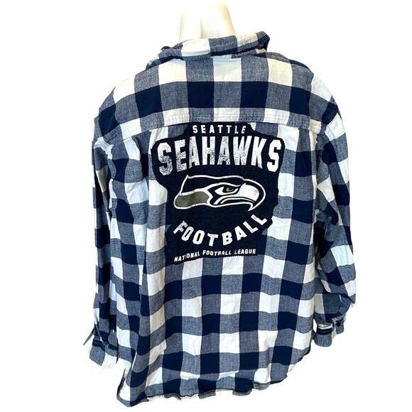Seattle Seahawks Flannel Plaid Shirt Football 3XL Oversize Unique Blue Upcycled - Picture 1 of 6